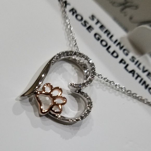Sterling Silver Necklace Diamond Encrusted Heart & 14k Rose Gold Paw Pendant NWT - Picture 11 of 16